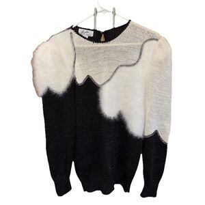 Lido New York Vintage Women M Knit Angora Rhinestones Top Sweater Black Ivory